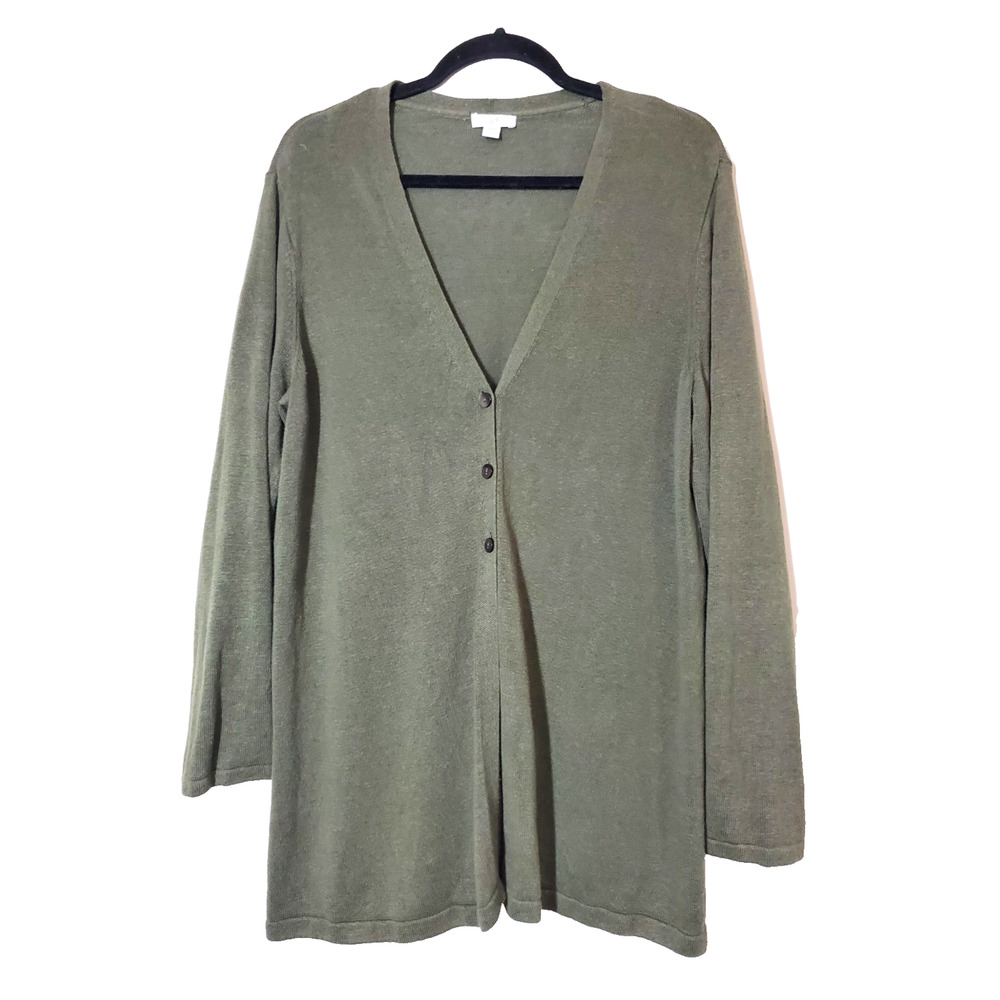 J Jill Sweater Womens‎ Large Petite LINEN Olive Green Long Cardigan Pockets